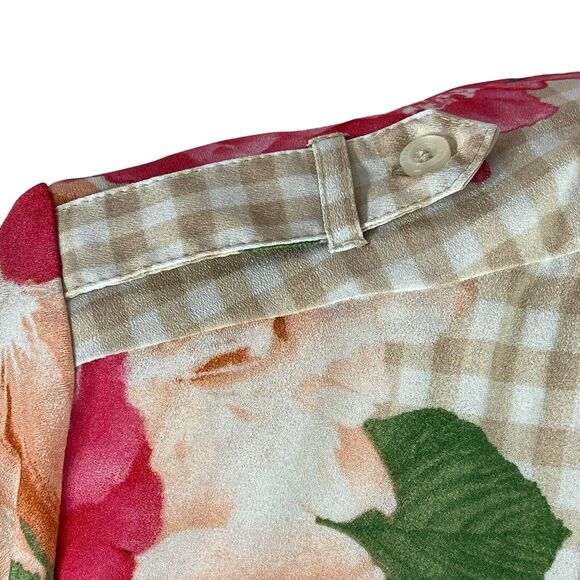 Calvin Klein Small Top Floral Checked Long Roll-Tab Sleeves V-Neck Button-Up - Picture 9 of 12